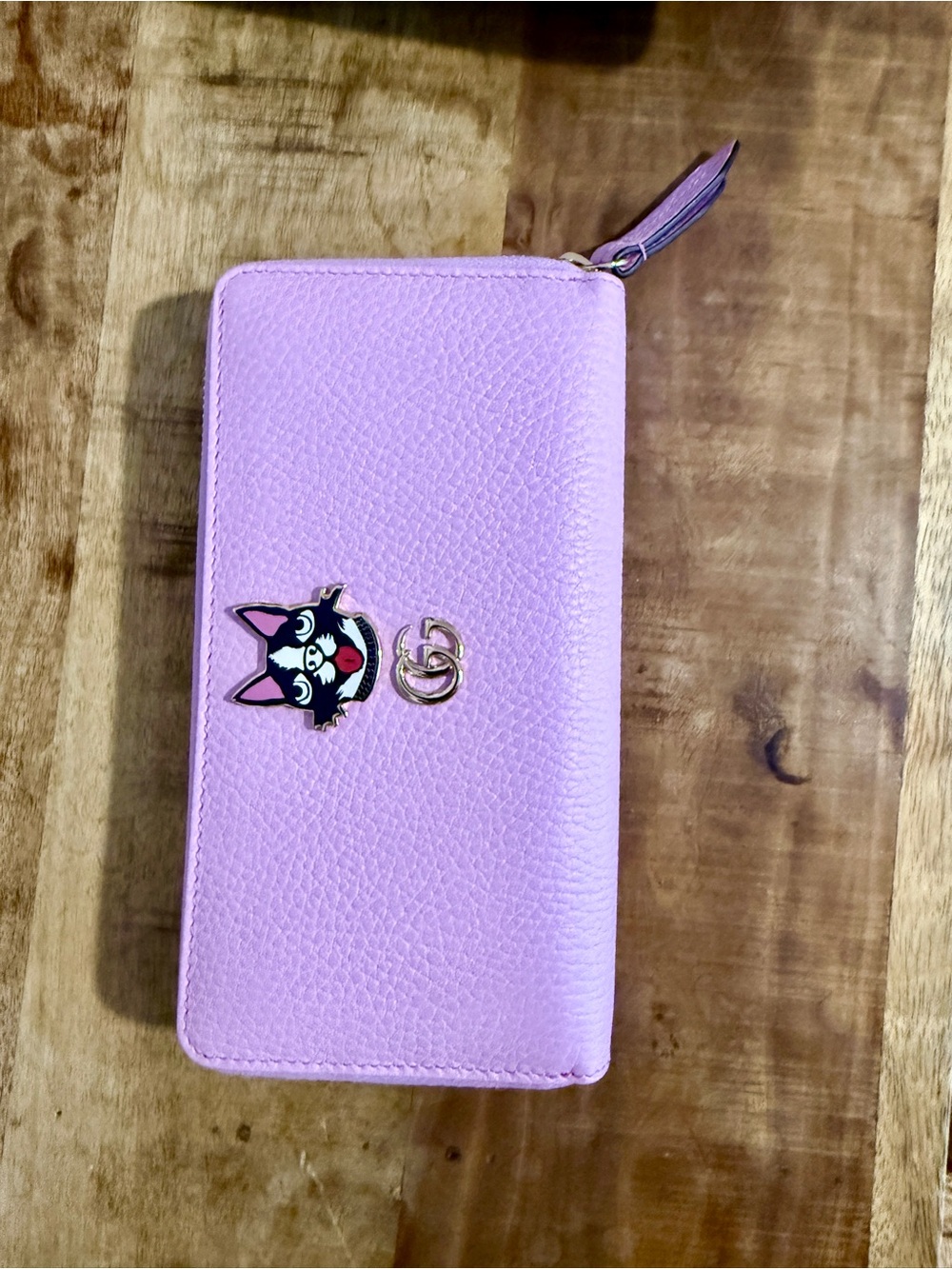Pink Zip-Around Wallet with Playful Cat Emblem